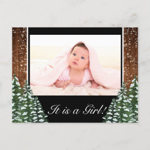 Black Snowy Wood & Forest Baby Girl Photo Birth Announcement Postcard