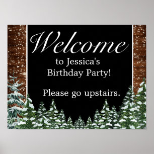 Black Snowy Wood & Forest Birthday Welcome Sign