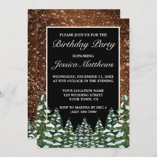 Black Snowy Wood & Forest Country Pine Birthday Invitation