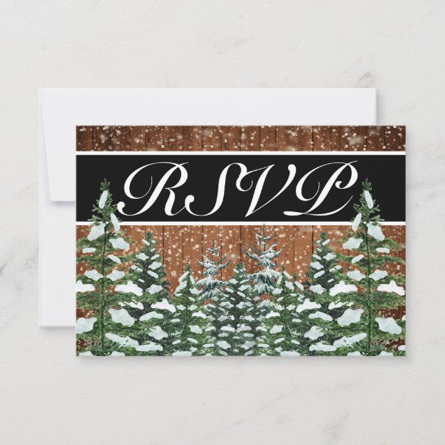 Black Snowy Wood & Forest Country Wedding RSVP Card (Front)