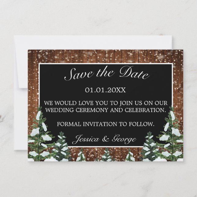 Black Snowy Wood & Forest Country Wedding Save The Date (Front)