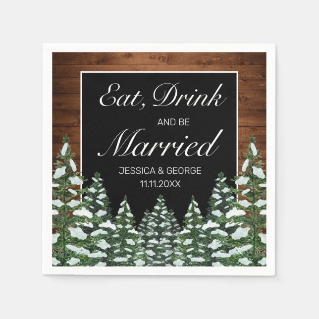 Black Snowy Wood Forest Eat Drink Married Wedding Napkin (Front)
