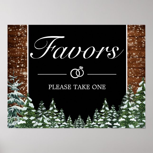 Black Snowy Wood & Forest Favours Wedding Sign (Front)