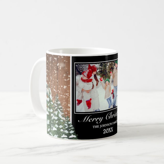 Black Snowy Wood & Forest Merry Christmas Photo Coffee Mug (Front Left)