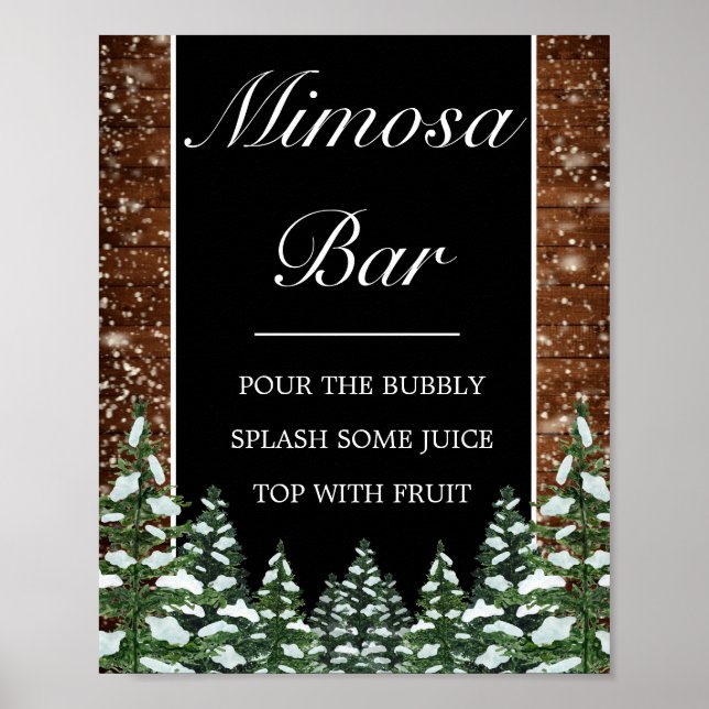 Black Snowy Wood & Forest Mimosa Bar Wedding Sign (Front)