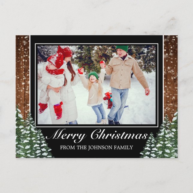Black Snowy Wood & Forest Photo Christmas Greeting Announcement Postcard (Front)