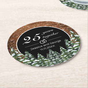 Black Snowy Wood & Forest Pine Anniversary Round Paper Coaster
