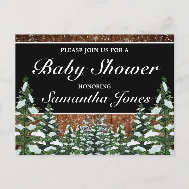 Black Snowy Wood & Forest Pine Baby Shower Announcement Postcard (Front)