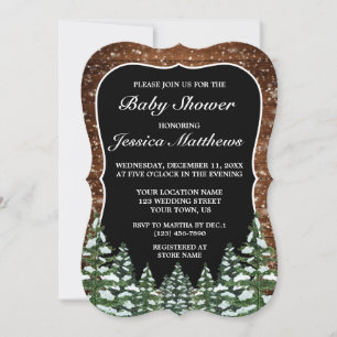 Black Snowy Wood & Forest Pine Baby Shower Invitation