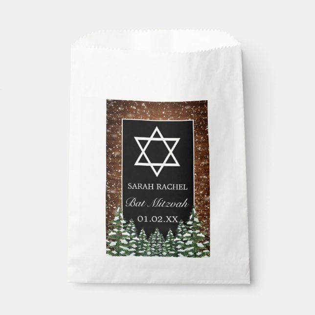 Black Snowy Wood & Forest Pine Bar Bat Mitzvah Favour Bag (Front)