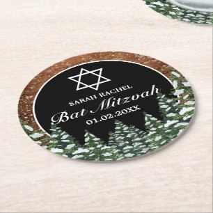 Black Snowy Wood & Forest Pine Bar Bat Mitzvah Round Paper Coaster