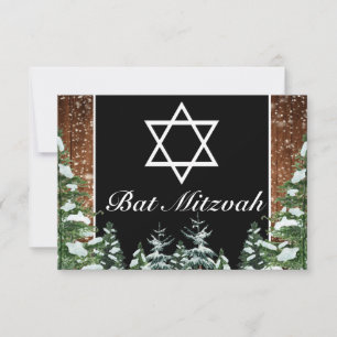 Black Snowy Wood & Forest Pine Bar Bat Mitzvah RSVP Card