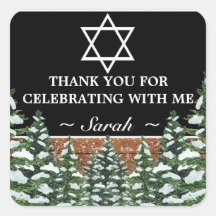 Black Snowy Wood Forest Pine Bat Mitzvah Thank You Square Sticker