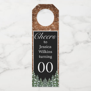 Black Snowy Wood & Forest Pine Birthday Bottle Tag