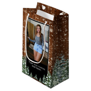 Black Snowy Wood & Forest Pine Birthday Photo Small Gift Bag