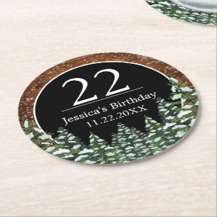 Black Snowy Wood & Forest Pine Birthday Round Paper Coaster
