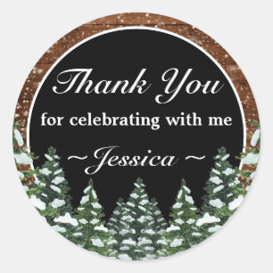 Black Snowy Wood Forest Pine Birthday Thank You Classic Round Sticker