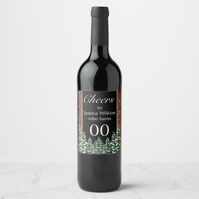 Black Snowy Wood & Forest Pine Birthday Wine Label (Front)