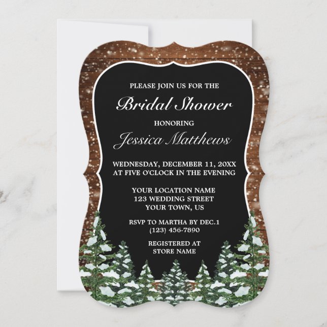 Black Snowy Wood & Forest Pine Bridal Shower Invitation (Front)