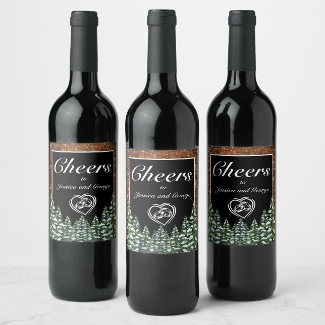 Black Snowy Wood & Forest Pine Cheers Wedding Wine Label (Bottles)