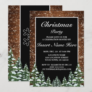 Black Snowy Wood & Forest Pine Christmas Party Invitation