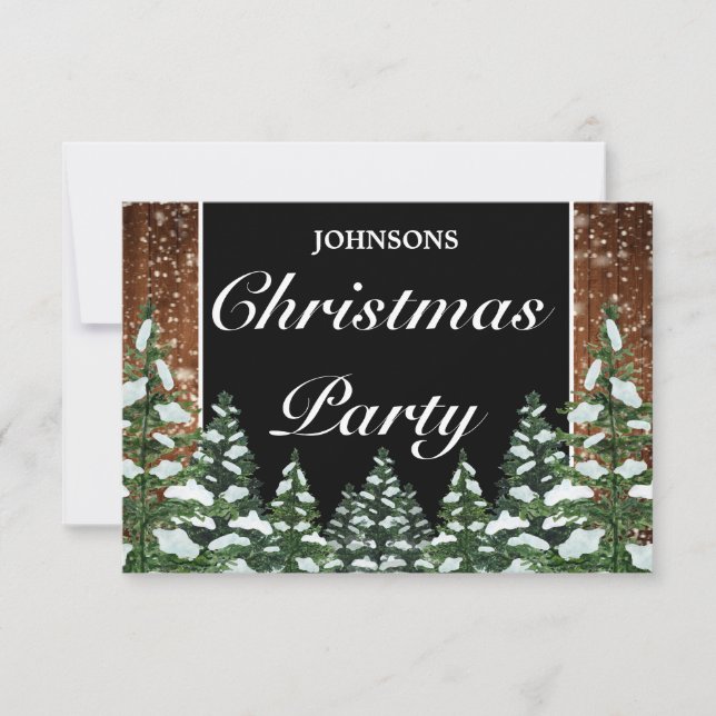 Black Snowy Wood & Forest Pine Christmas Party RSVP Card (Front)