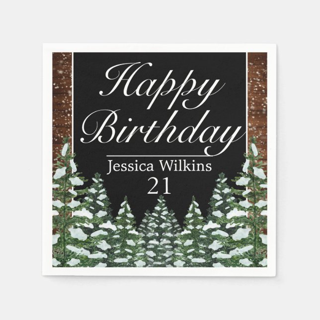 Black Snowy Wood & Forest Pine Happy Birthday Napkin (Front)