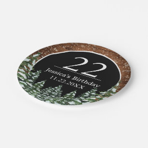 Black Snowy Wood & Forest Pine Happy Birthday Paper Plate