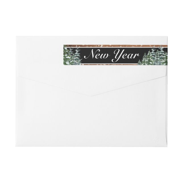 Black Snowy Wood & Forest Pine Happy Holidays Wrap Around Label (Back)