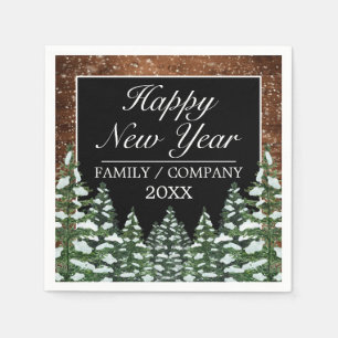 Black Snowy Wood & Forest Pine Happy New Year Napkin