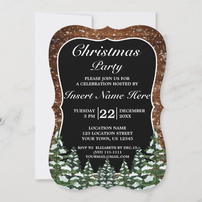 Black Snowy Wood Forest Pine Merry Christmas Party Invitation (Front)