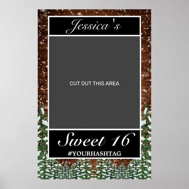 Black Snowy Wood & Forest Pine Sweet 16 Photo Prop Poster (Front)