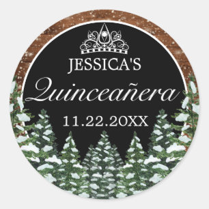 Black Snowy Wood & Forest Pine Tiara Quinceanera Classic Round Sticker