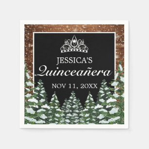 Black Snowy Wood & Forest Pine Tiara Quinceañera Napkin