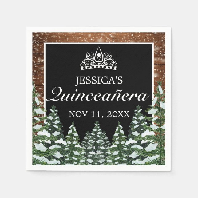 Black Snowy Wood & Forest Pine Tiara Quinceañera Napkin (Front)