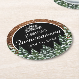 Black Snowy Wood & Forest Pine Tiara Quinceanera Round Paper Coaster