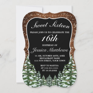 Black Snowy Wood & Forest Pine Tiara Sweet 16 Invitation