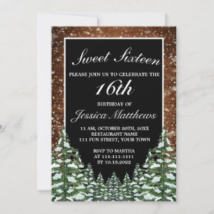 Black Snowy Wood & Forest Pine Tiara Sweet 16 Invitation