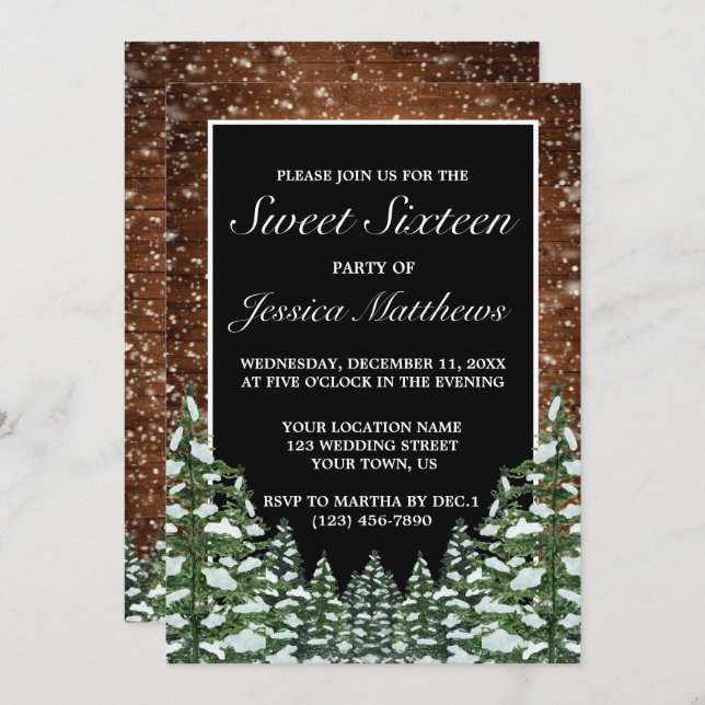 Black Snowy Wood & Forest Pine Tiara Sweet 16 Invitation (Front/Back)