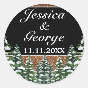 Black Snowy Wood & Forest  Pine Wedding Classic Round Sticker