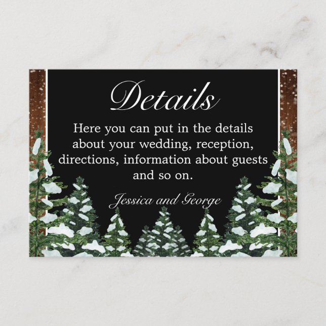 Black Snowy Wood & Forest Pine Wedding Details Enclosure Card (Front)