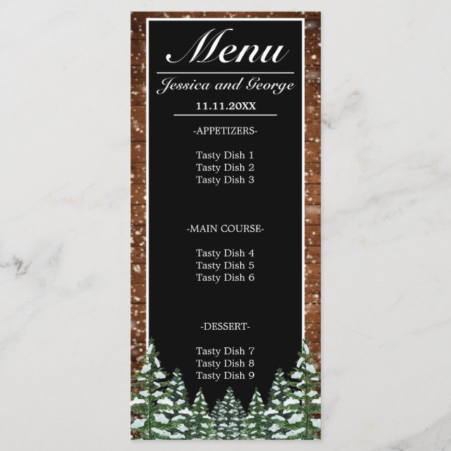 Black Snowy Wood & Forest Pine Wedding Menu (Front)
