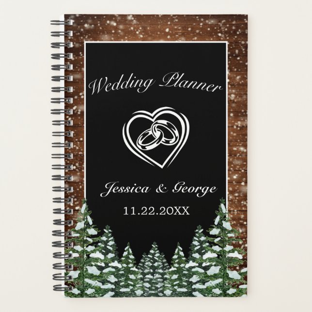 Black Snowy Wood & Forest Pine Wedding Planner (Front)