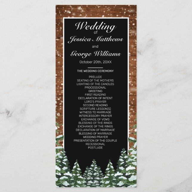 Black Snowy Wood & Forest Pine Wedding Program (Front)