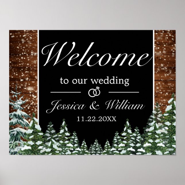Black Snowy Wood & Forest Wedding Welcome Sign (Front)