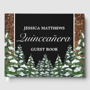 Black Snowy Wood Pine Tiara Quinceañera Birthday Guest Book