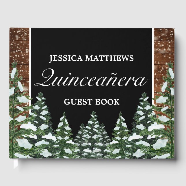 Black Snowy Wood Pine Tiara Quinceañera Birthday Guest Book (Front)