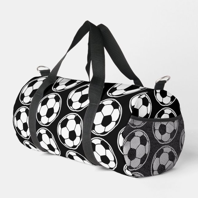 Black Soccer Ball Pattern Screwball Graphics Duffle Bag (Right Corner)
