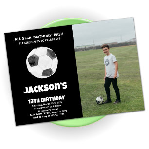 Black Soccer Birthday Invitations with photo
