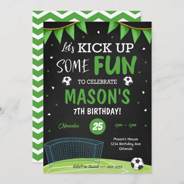 Black Soccer Birthday Party Invitation (Front/Back)